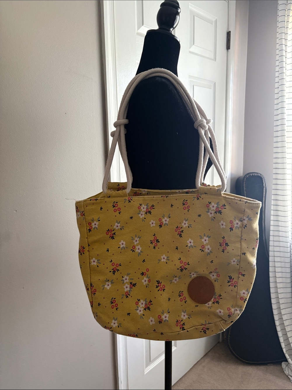Yellow Floral Canvas Tote with Rope Handles